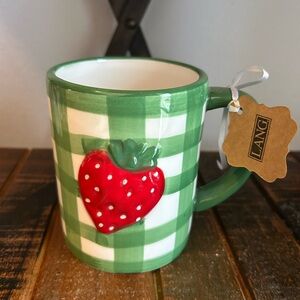 LANG Hand Painted Strawberry Coffee Mug With Plaid Background NEW